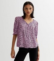 New Look Lilac Floral Doodle Print Puff Sleeve Blouse